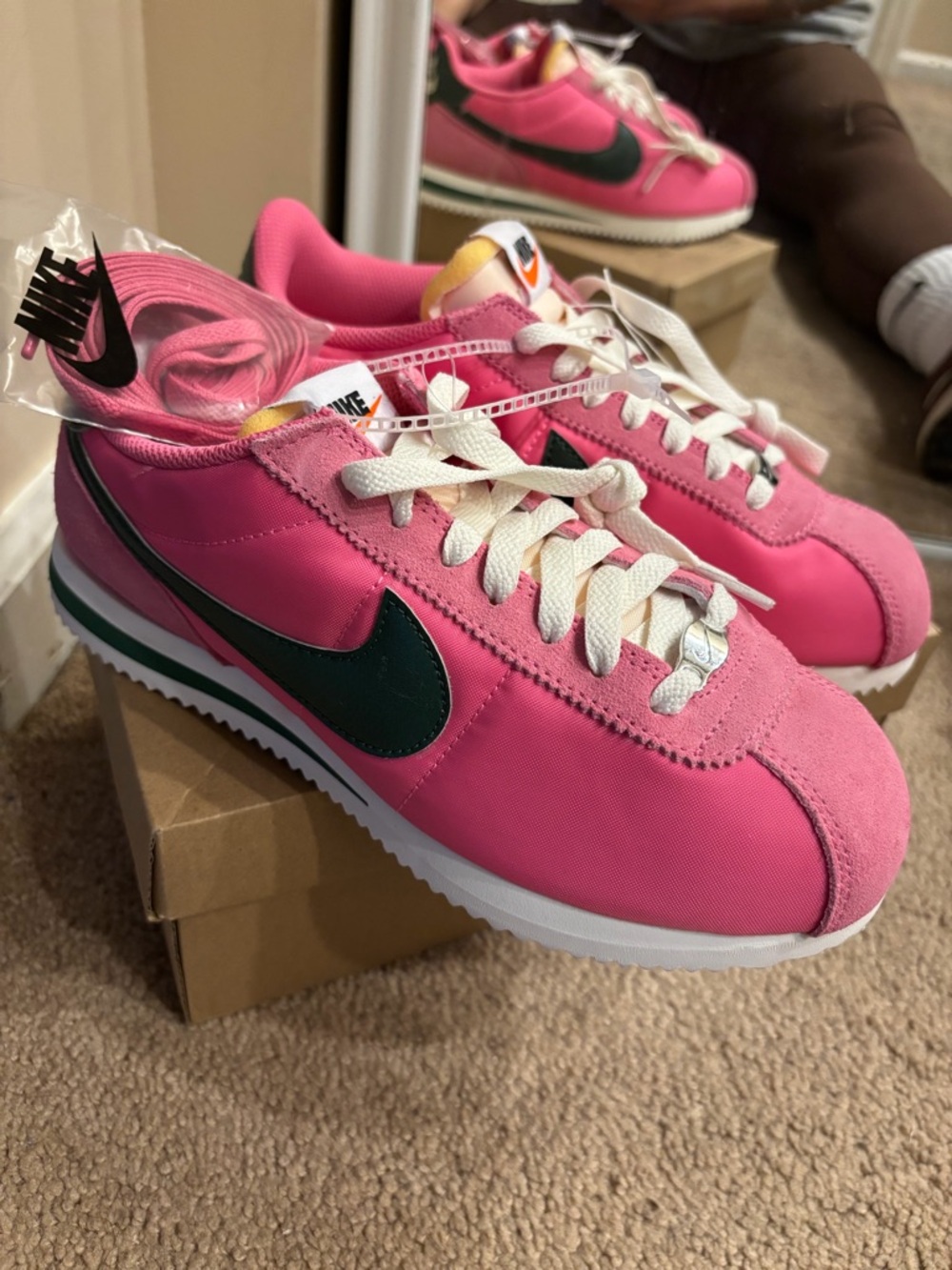 Nike Pink Women's Cortez with Dark Green Swoosh